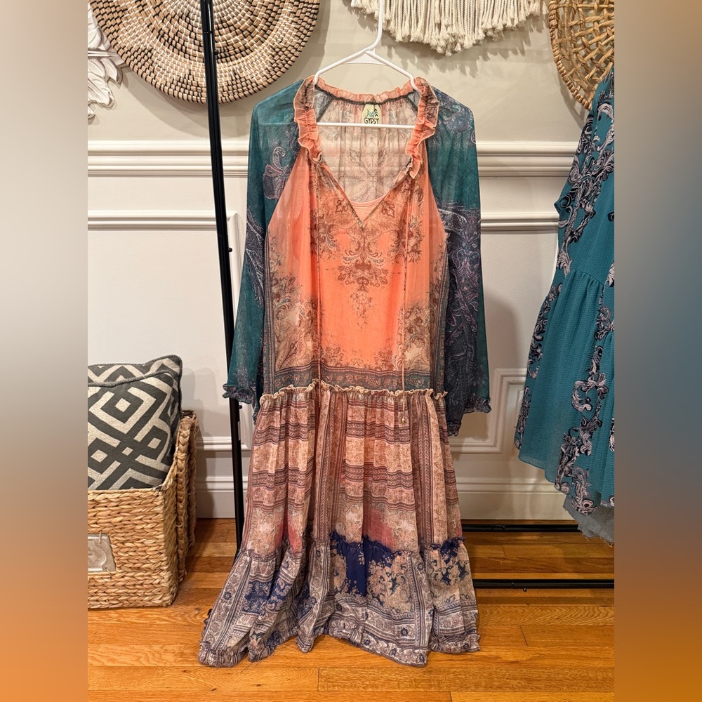 Pink and Green Tiered Sundress with V-Neck